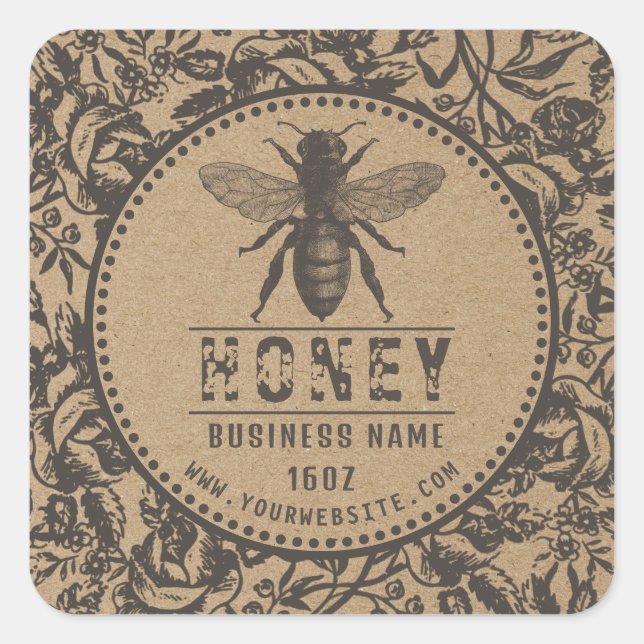 Miel Étiquette Kraft | Fleurs Et Abeilles (Devant)