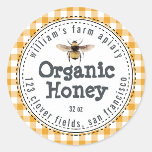 Miel Jar Étiquette Honeybee Apiary Yellow Check