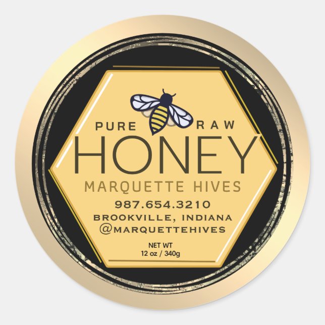Miel jaune Hexagon Étiquette abeilles Grunge Gold  (Devant)
