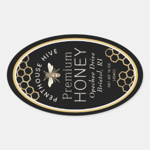 Miel ovale étiquette avec nid d'abeille et abeille