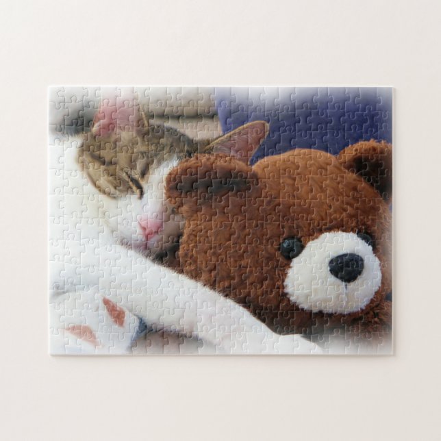 Miezekatze, die mit Teddybären schläft (Horizontal)