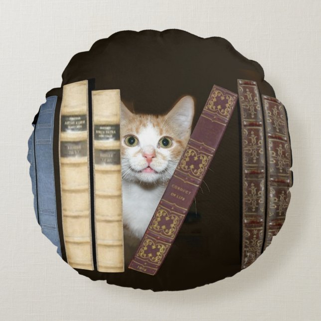 Miezekatzekatze mit Büchern Rundes Kissen (Vorderseite)