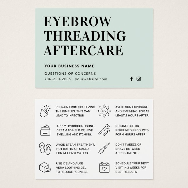 Mighty Mint Eyebrow Threading Aftercare Card (Vorne & Hinten)