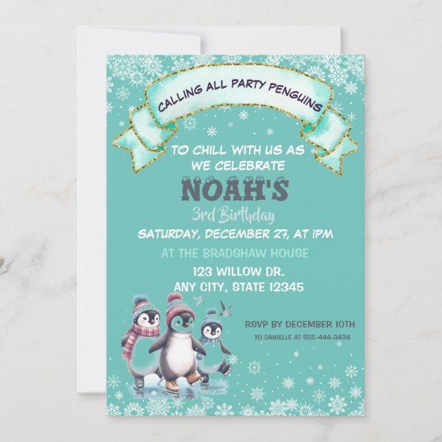 mignon Snowflakes Penguin Anniversaire Invitation (Devant)
