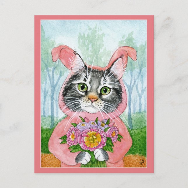 Mignonne chatte beignets fleurs rose carte postale (Devant)