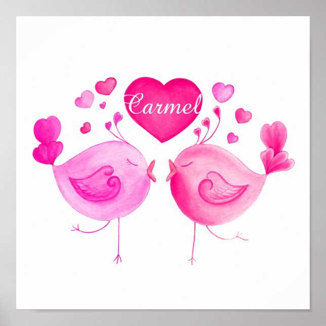 Mignonne deux oiseaux embrassant rose nom affiche (Devant)