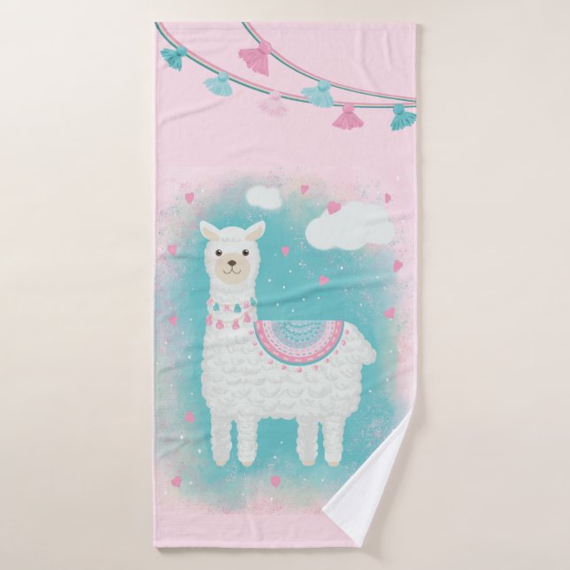Mignonne lama rose et menthe (Serviette de bain)