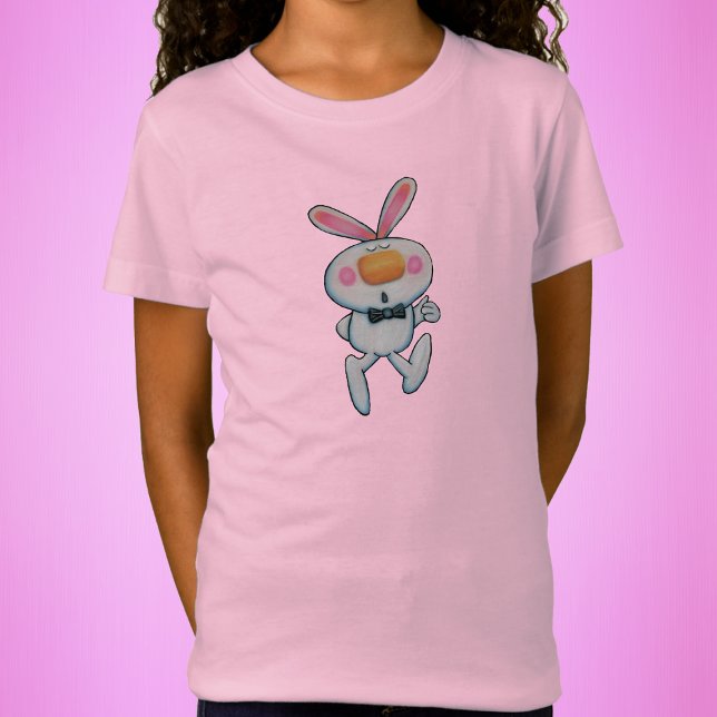 Mignonne Lapin Blanc Pouce Vers Le Haut Orange Nez (Cartoon cute white bunny thumbs up sign big orange nose pink rosy cheeks on kids tee shirt.)