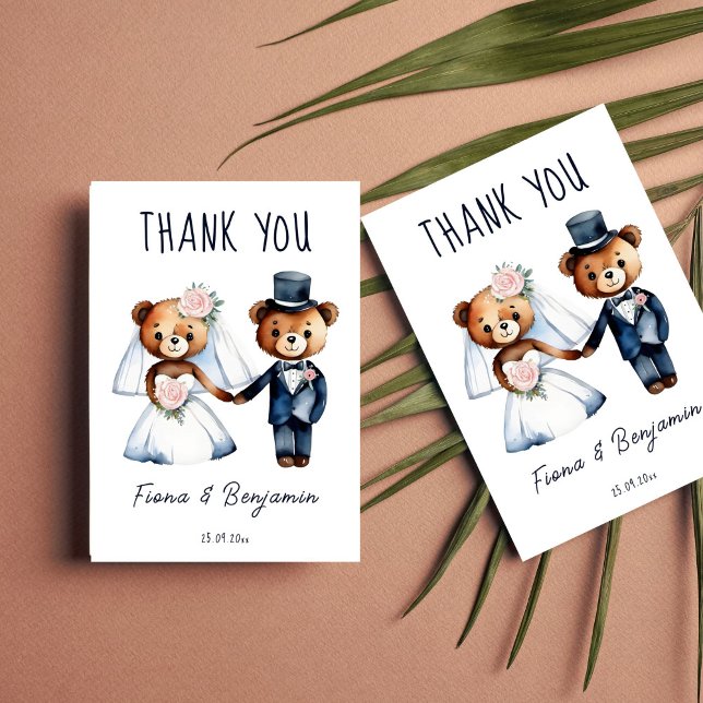 Mignonne nounours mariée mariage merci (Cute whimsical funny teddy bears dressed as bride and groom wedding thank you card template)