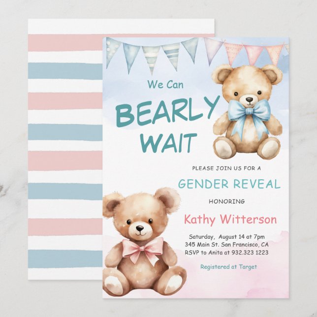 Mignonne Ours Genre Révéler Baby shower Invitation (Devant / Derrière)
