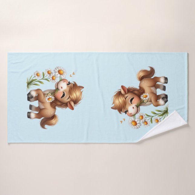 Mignonne Pony Mange Manger Des Marguerites (Serviette de bain)