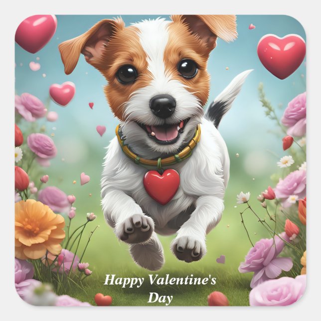 Mignonne Valentine's Day Chien carré autocollant (Devant)