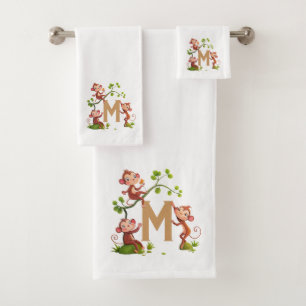 Mignons trois singes et monogramme doré sur fond b