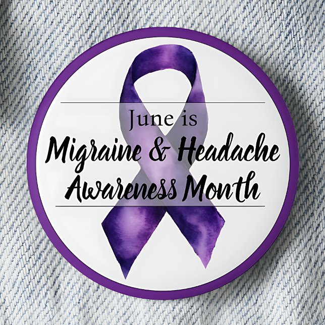Migräne & Kopfschmerzen Monat Juni Button (Migraine & Headache Awareness Month.  June. Purple awareness ribbon.)