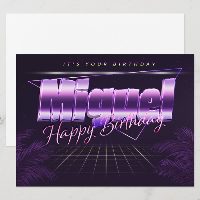Miguel Name Vorname lila retro Karte Geburtstag (Vorne/Hinten)
