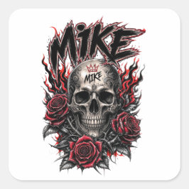 Mike Gothic-Totenschädel mit roten Rosen und Flamm Quadratischer Aufkleber