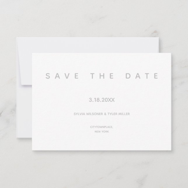 Mikro Hochzeitweißgraue Typografie Kleine Minimal Save The Date (Vorderseite)