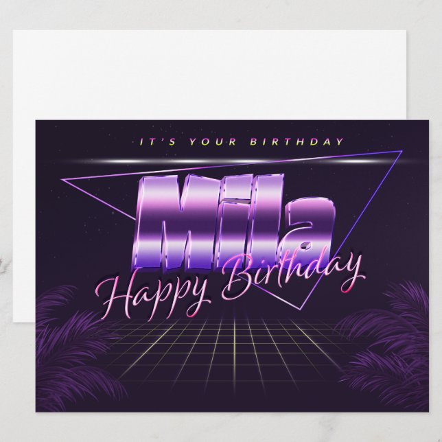 Mila Nom Prénom carte rétro lilas Anniversaire (Devant / Derrière)