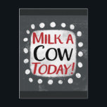 Milch eine Kuh heute Postkarte<br><div class="desc">"Milk A Cow Today" ist ein niedliches Textdesign in Grau mit schwarzem und rotem Text. Er sitzt auf einer weißen Akzent-Form und niedliche weiße Polka-Punkte,  die ihn umgeben.</div>