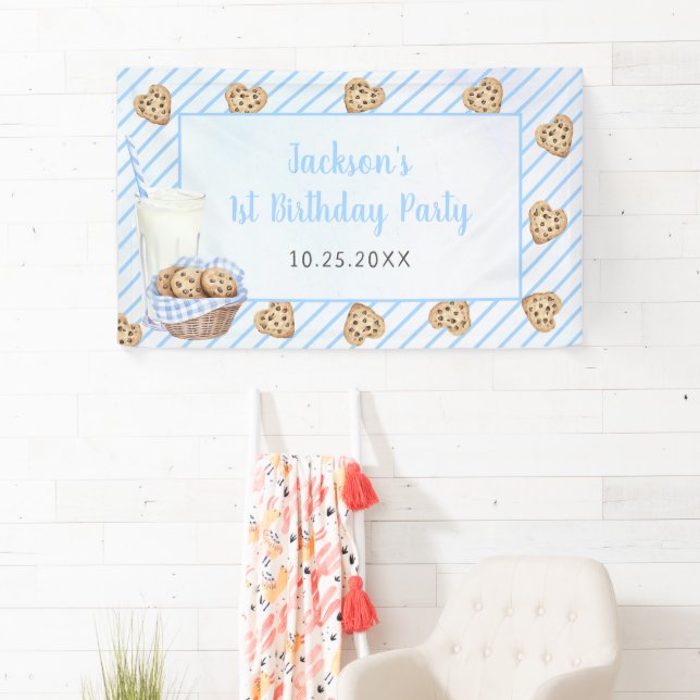 Milch und Cookies Blue 1. Geburtstag Party Banner (Insitu)