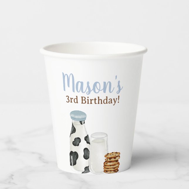Milch und Cookies Kuh drucken Blue Birthday Party Pappbecher (Vorderseite)