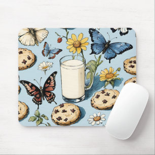 Milch und Cookies mit Blume und Schmetterlingen Bl Mousepad