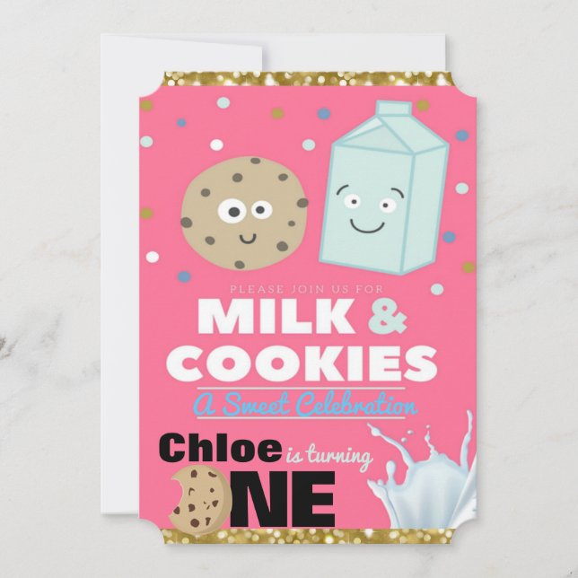 Milch und Cookies Pink & Gold Glitzer| 1. Geburtst Einladung (Vorderseite)