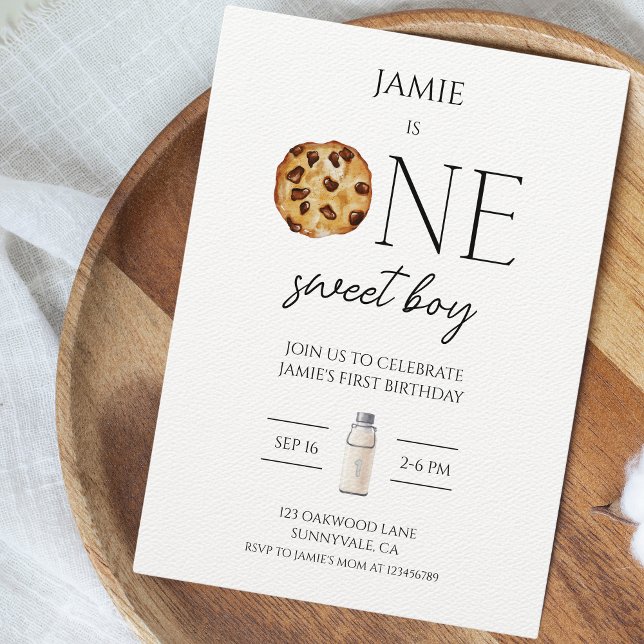 Milch und Cookies Sweet One Boy Birthday Einladung (Sweet One Boys First Birthday Party Invitation)