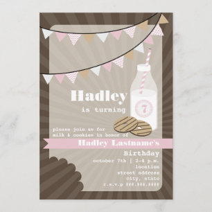Milch und Kekse Geburtstag - Fudge gestreift & ros Einladung