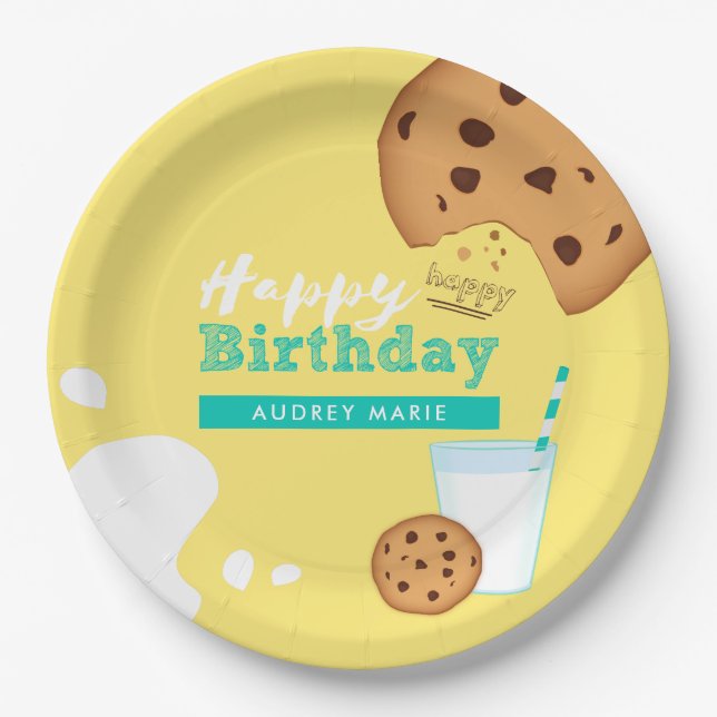 Milch und Schokolade Chip Cookies Happy Birthday Pappteller (Vorderseite)