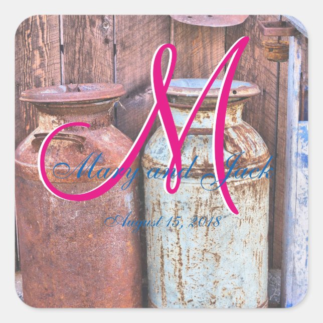 Milchkannen Vintages Metall Rustikale Antique Mono Quadratischer Aufkleber (Vorderseite)