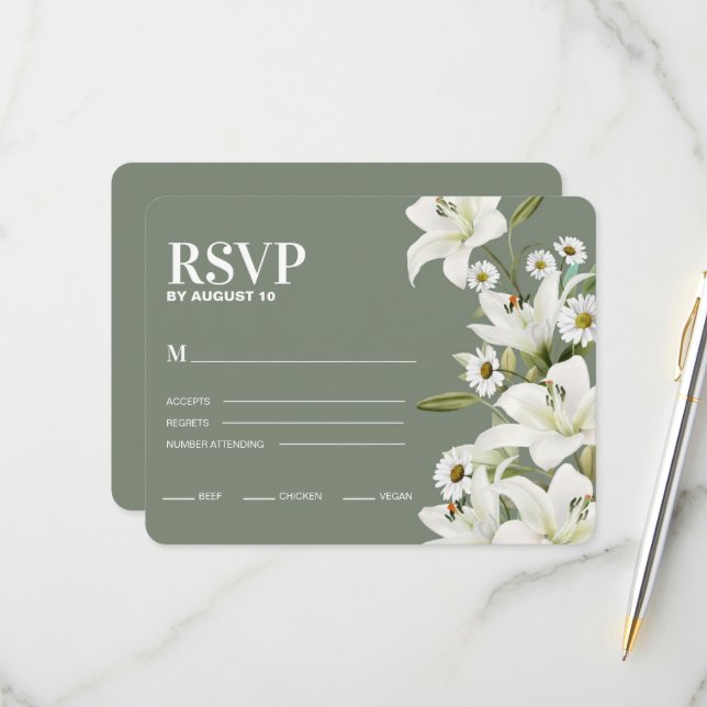 Milchprodukte und weiße Lilien RSVP Karte (Vorderseite/Rückseite Beispiel)