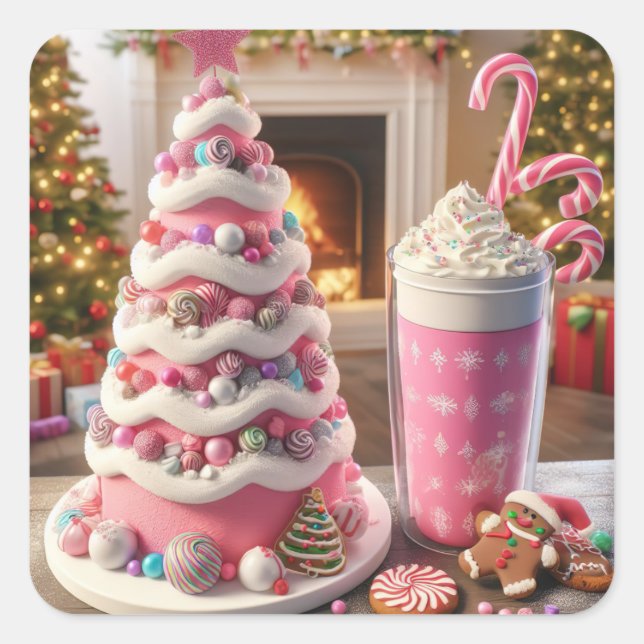 Milchshake und Weihnachtskekse Quadratischer Aufkleber (Vorderseite)