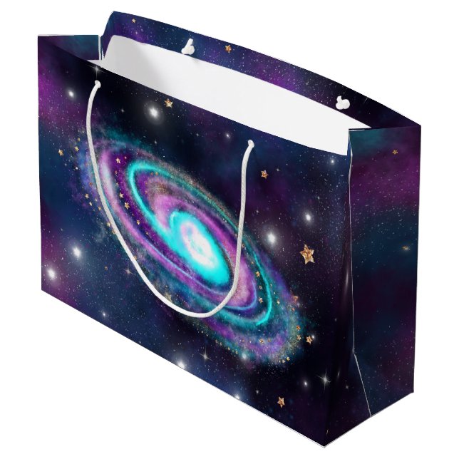 Milchstraße | Cosmic Blue Lila Pink Glow Große Geschenktüte (Rückseite Schrägansicht)