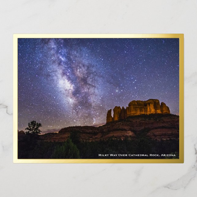 Milchstraße Galaxie über Dom-Felsen, Arizona Gold Folie Einladungspostkarte (Vorderseite)