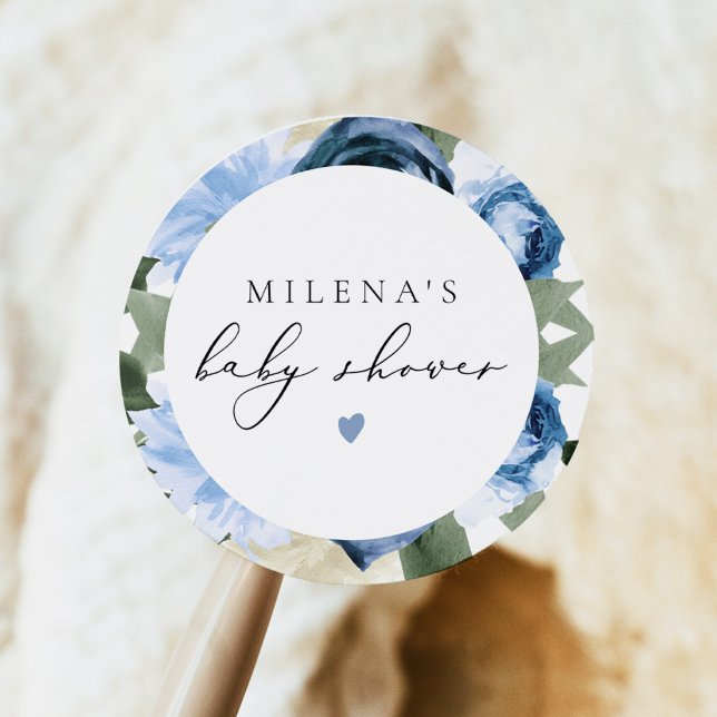 MILENA Dusty Blue Floral Boy Baby Dusche Runder Aufkleber (Von Creator hochgeladen)