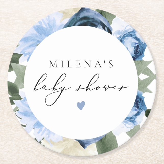 MILENA Dusty Blue Floral Boy Baby Dusche Runder Pappuntersetzer (Vorderseite)