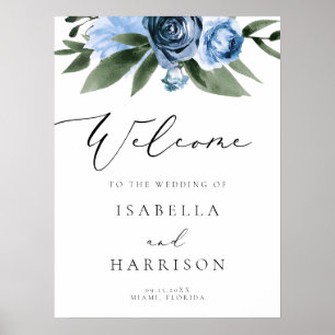 MILENA Dusty Blue Slate Floral Wedding Willkommen Poster