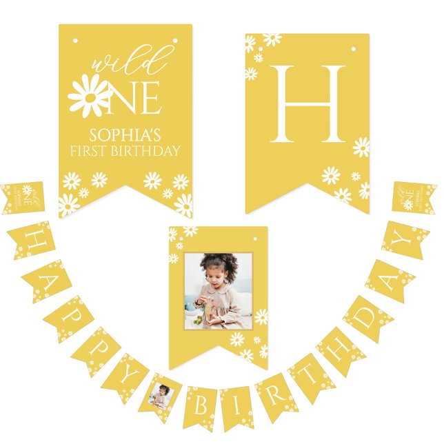 Milestone 1st Birthday Photo White Daisy Bunting Wimpelkette (Von Creator hochgeladen)