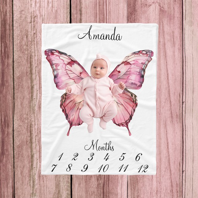 Milestone Pink Butterfly Wings Baby Keepake Fleecedecke (Von Creator hochgeladen)
