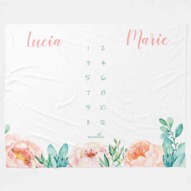Milestone Zwillingsbaby Girl Aquarell Blume pfirsi Fleecedecke (Vorderseite (Horizontal))