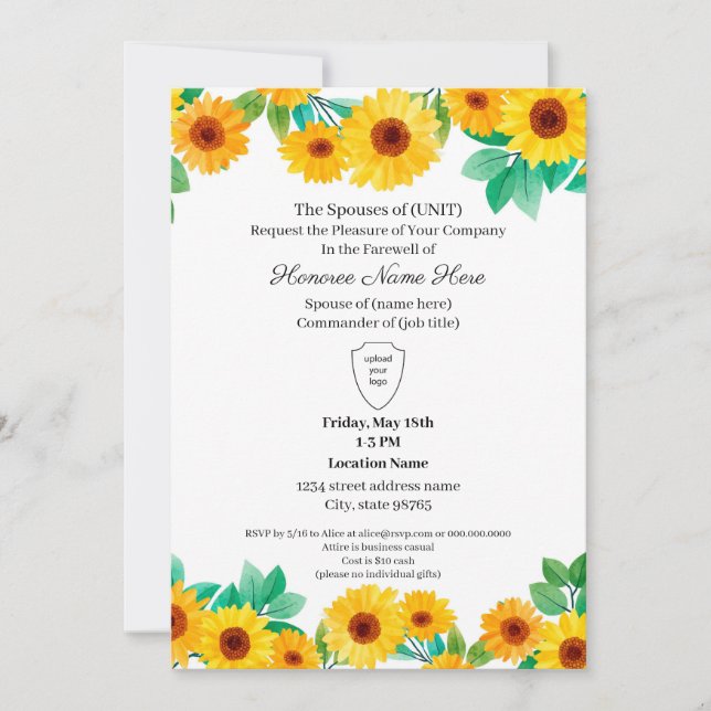 Militärfrau Farewell Sonnenblumen herunterladen Einladung (Vorderseite)