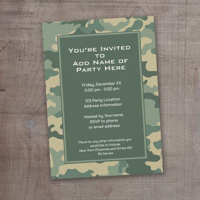 Militärische Camouflage Geburtstagspartei Einladung (A camouflage print birthday party invitation)