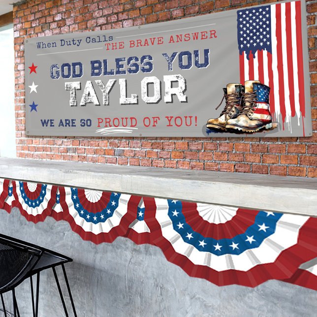 Militärische US-Flaggenstiefel 2,5 x 6 Graustufen  Banner (Personalized gray rustic 2.5x6' patriotic US Flag and combat boots red white & blue farewell banner)