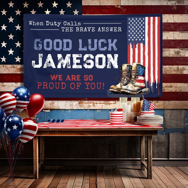 Militärische US-Flaggenstiefel gehen weg von Party Banner (Navy Blue red white US Flag Combat boots military going away farewell party banner Air Force Army)