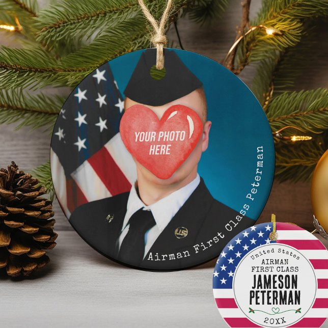 Militärischer Weihnachtsgeschenk Foto Soldat Name Keramik Ornament (Airman, Soldier, Marine, Sailor, Seabee, Guardian, Patriotic USA Flag Military Mom Christmas gift)