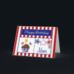 MilitärMama-Geburtstags-Karte Karte<br><div class="desc">Diese patriotische Geburtstags-Karte lässt Ihre MilitärMama lächeln. Sie kennzeichnet einen roten und weißen gestreiften Hintergrund, Schokoladenkleinen kuchen mit Sternen, amerikanische Flaggen, ein Flaggenherz und eine Kerze, Rot-, weißen u. Blauensterne, eine Erkennungsmarke, die mit "USA" geprägt werden und eine blaue Fahne mit dem Text "alles Gute zum Geburtstag" im Weiß. Erkennungsmarken...</div>