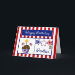 Military Brother Birthday Card Karte<br><div class="desc">This Patriotic Birthday Card will make your military Brother smile. This colorful card feature a red and white striped background, chocolate cupcake with stars, American Flags, a flag heart and a candle, red, white & blue stars, a dog tag embossed with "USA" und a blue banner with text "Happy Birthday"...</div>