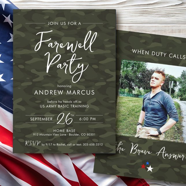 Military Camo Photo Farewell I Going Away Party Einladung (Modern US Military camo simple soldier photo Army Air Force Marines Navy going away farewell party)