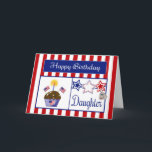 Military Daughter Birthday Card Karte<br><div class="desc">This Patriotic Birthday Card will make your military daughter smile. It features a red and white striped background, chocolate cupcake with stars, American Flags, a flag heart and a candle, red, white & blue stars, a dog tag embossed with "USA" and a blue banner with the text "Happy Birthday" in...</div>